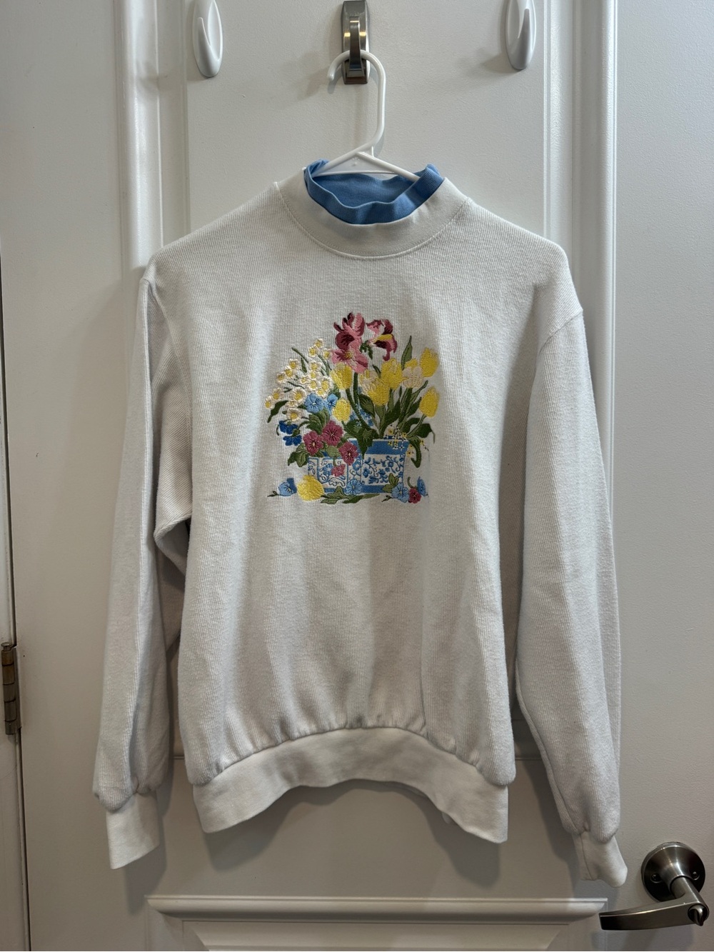 Cotton Double Crewneck Shirt with Floral Embroidery